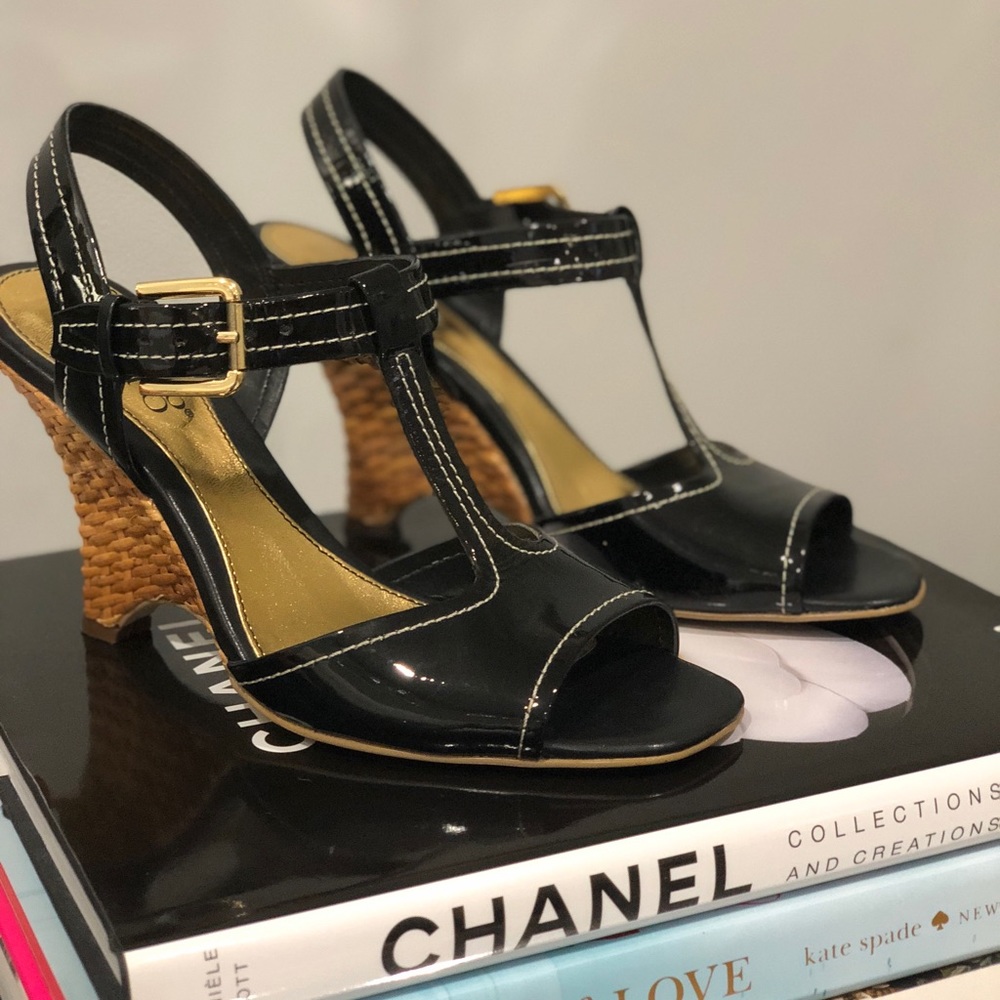 Franco Sarto black patent wedge sandals